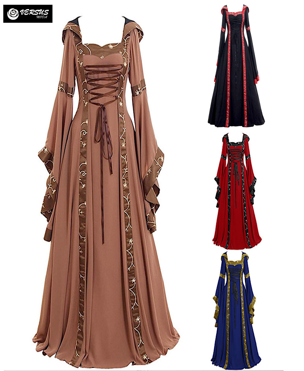 Cubinest Abito da donna medievale estivo con coulisse, maxi abito
