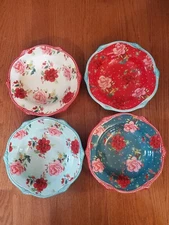 Pioneer Woman Cheerful Rose Toss Low Rim Bowl Scalloped Edge 9" Set of 4