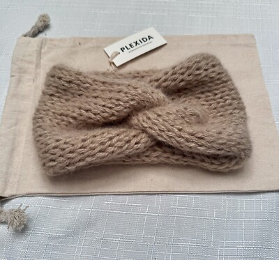 Plexida Beige Brown Camel Mohair Wool Knit Ear Warmer Headband Twist Turban