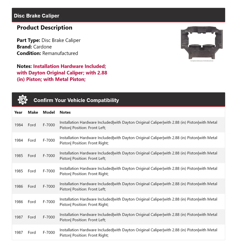 For 1984-1987 Ford F-7000 Disc Brake Caliper Cardone 1985 1986 - Image 2 of 4