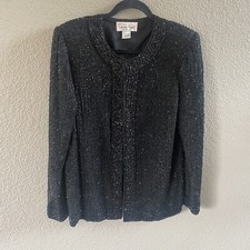 Vtg Laurence Kazar Beaded Jacket Womens Medium Black Silk Formal Evening Party