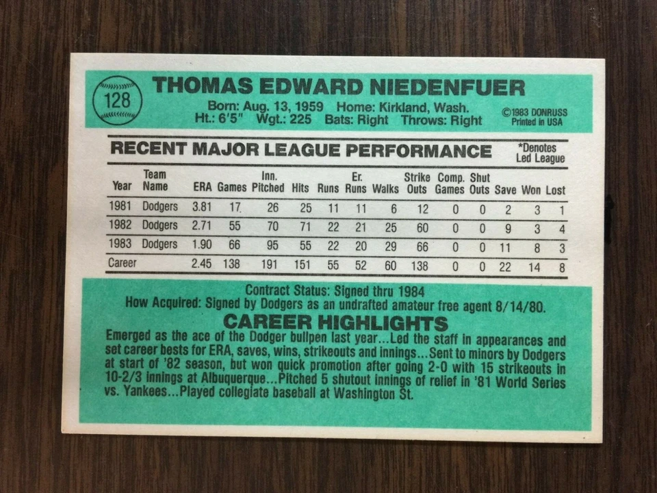 1984 Donruss Set Break #128 TOM NIEDENFUER  NM-MT or BETTER J10420220 - Image 2 of 4