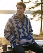 Mexican Baja Pullover Sweater Poncho Pullover Hoodie Mens size XL Blue black