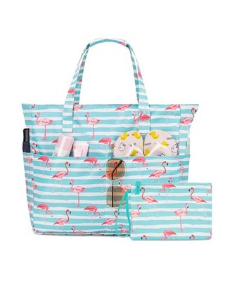 KABAQOO große Strandtasche mit Reißverschluss und Nassfach L, grün weiß Flamingo 