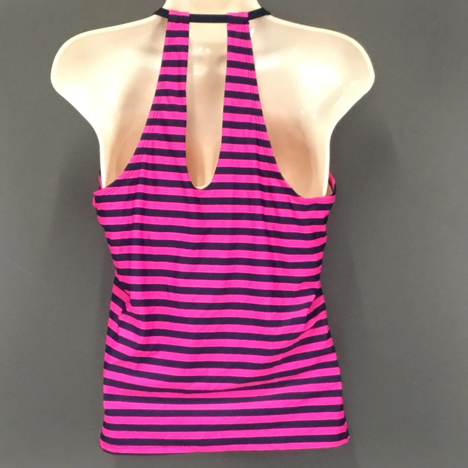 Maiô Merona Tankini Top Feminino Grande Rosa Azul Marinho Listrado Halter Roupa de Banho Praia - Imagem 3 de 4