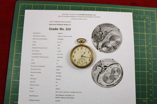 Waltham Vintage 12s 7j Model 1894 Grade 210 Pocket Watch Parts / Repair GF Case