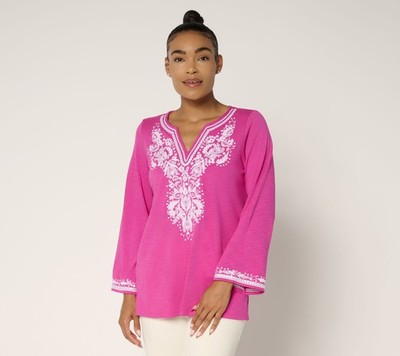 Gloria Vanderbilt Women's Top Sz XL Slub Knit Santorini Embroidered Pink A691531