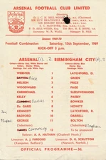 Arsenal Reserves v Birmingham City (Combination) 1969/1970 Single card programme