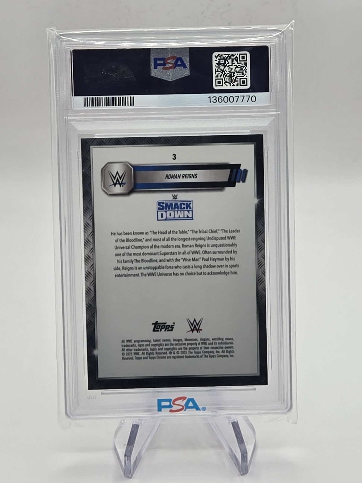 2025 Topps Chrome WWE - Roman Reigns #3 Teal Laser Refractor /175 PSA 10 view 2