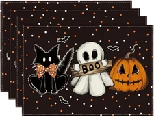 4 Set Polka Dot Ghost Pumpkin Cat Halloween Placemats 12x18 Inch Fall Table Mats
