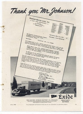 #ad #ad 1942 Exide Battery Ad: Horton Motor Lines Trucking Co. Charlotte North Carolina $21.84