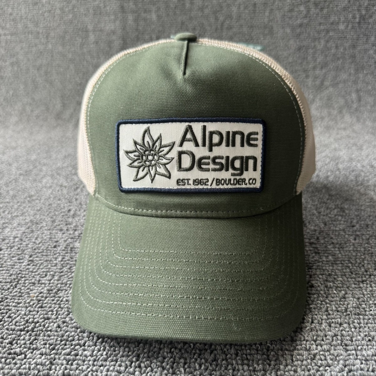 Alpine Design Outdoor Trucker Snapback Olive Cream Hat Curved Brim