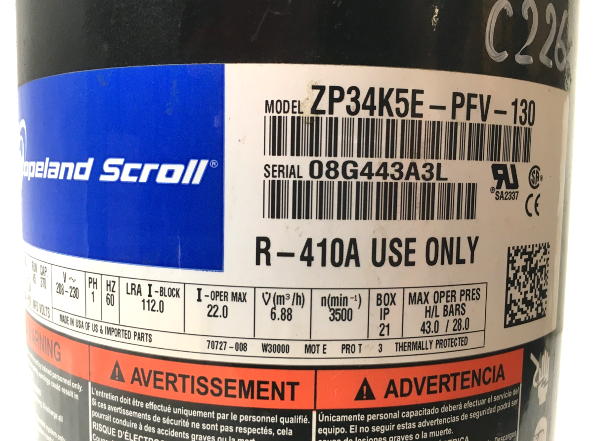Copeland 3 ton Scroll Compressor ZP34K5E-PFV-130 1PH R-410A use