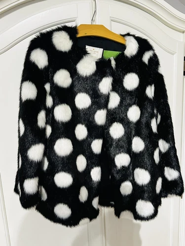 Cappotto foderato giacca Kate Spade NY bambina pelliccia sintetica nero bianco a pois NUOVO taglia 10