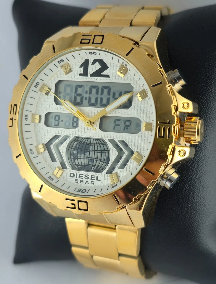 Reloj pulsera de cuarzo de lujo Diesel para hombre analógico-digital esfera blanca caja chapada en oro Foto 3 de 4