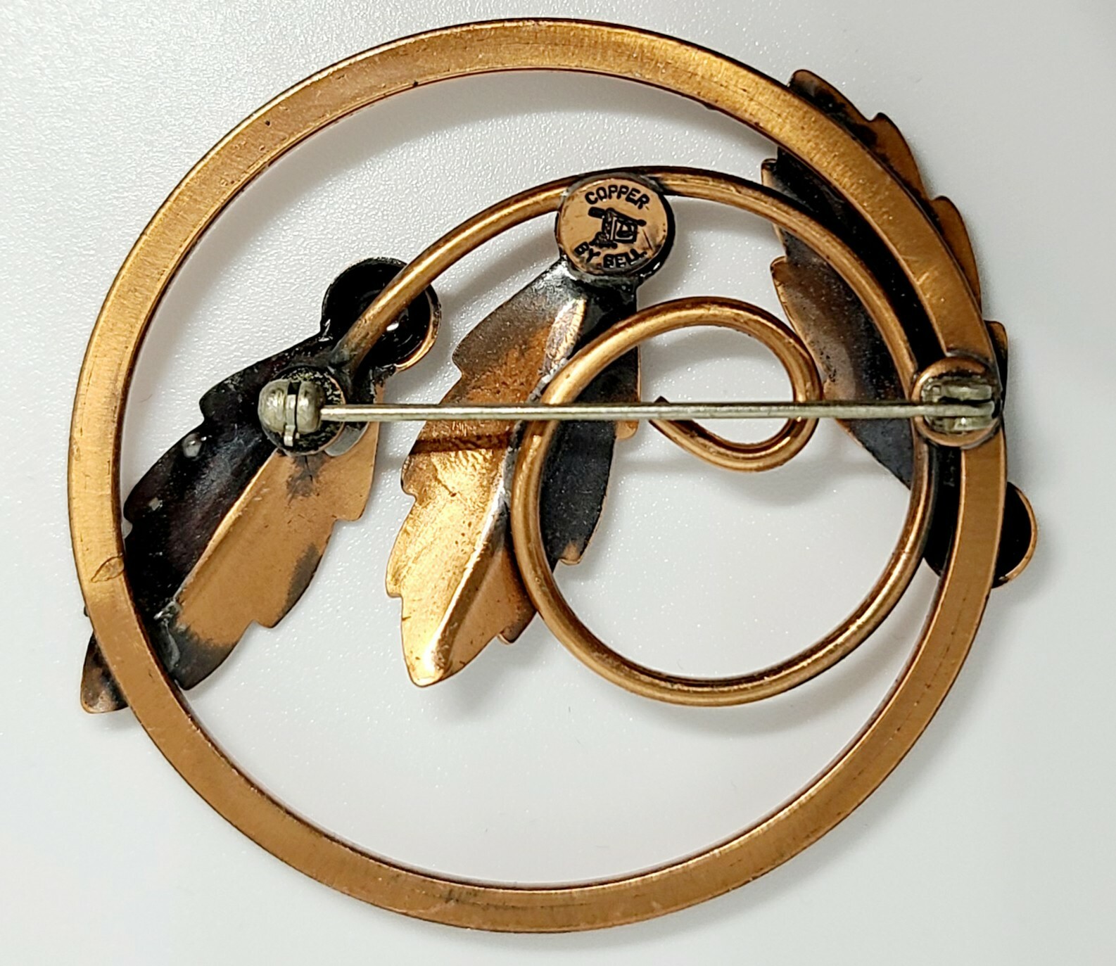 VINTAGE SOLID COPPER SIGNED BELL COPPER LEAF BROO… - image 2