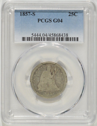1857-S Seated Liberty Silver Quarter 25c PCGS G4 45868438 - Picture 1 of 4