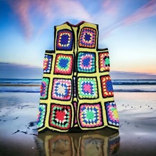 VTG 70s Vest Granny Squares Crochet Hippie Longline Open Sweater Handmade Mod