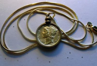 Pre 1945 Gold Plated Mercury Dime Pendant on a 18K 24" Gold Filled Snake Chain