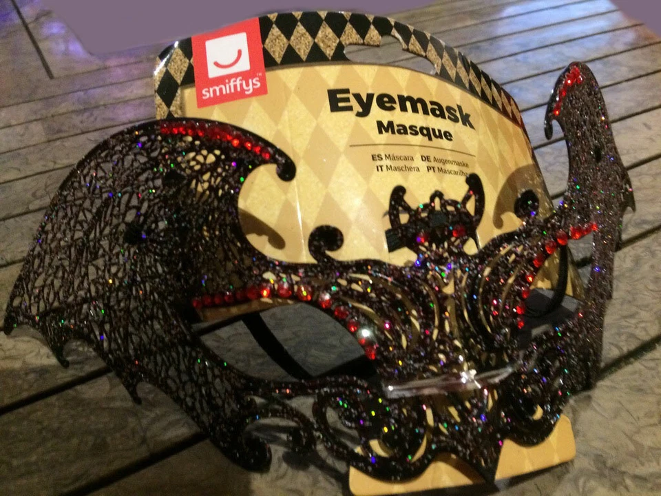 Metal Filigree Bat Masquerade Mask SMIFFYS Black Red Multi Jewelled MARDI GRAS - Image 3 of 4