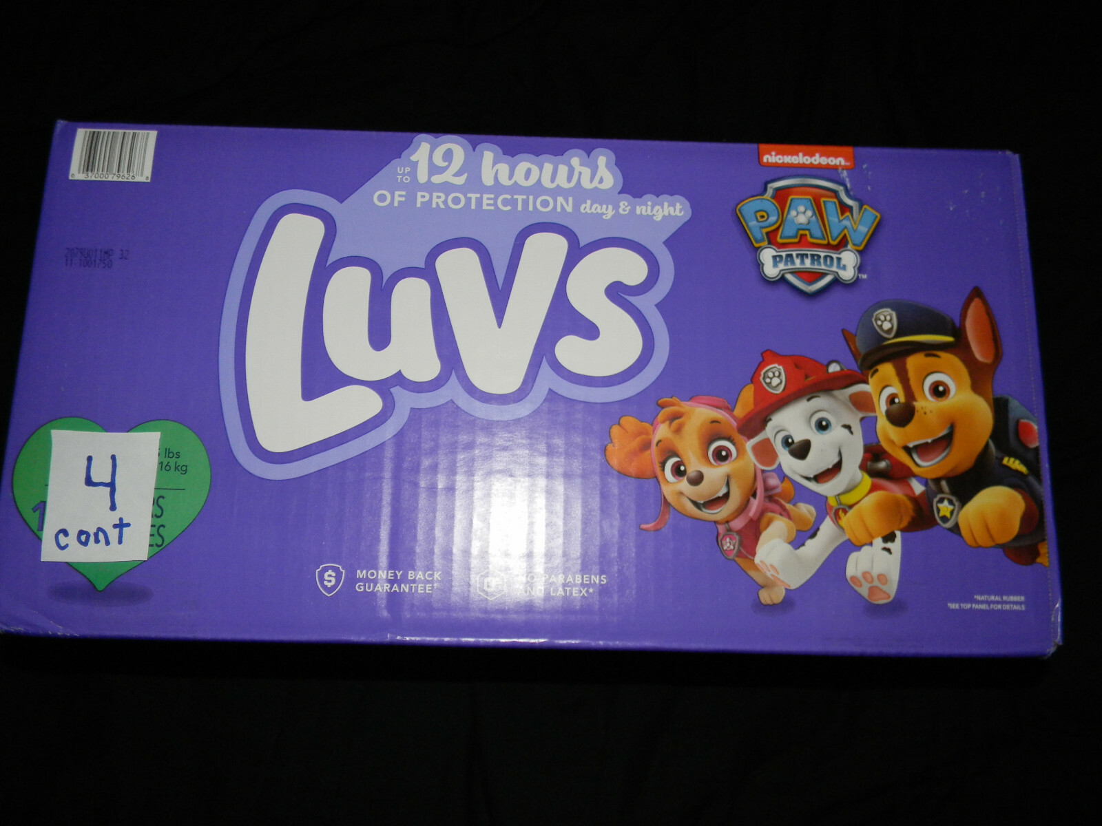 4 sample Luvs Paw Patrol Size 6 over 35+Lbs.