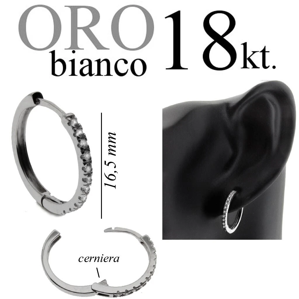 mono orecchino uomo ORO BIANCO 18kt. cerchio invisibile anello lobo mm.16