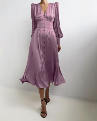 Women Fall Winter Dresses Casual Slim Fit Long Sleeve V-Neck Vintage Dress | eBay Women Fall Winter Dresses Casual Slim Fit Long Sleeve V-Neck Vintage Dress | eBay