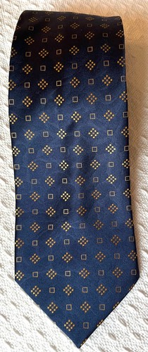 LANVIN Paris 100% Silk Made in France Blue and Gold Geometric Designer Neck Tie