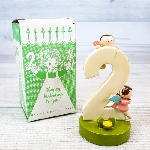 Vintage SEVI Two 2 Birthday Cake Topper 3.5" Figurine Wood Wood Angels Italy
