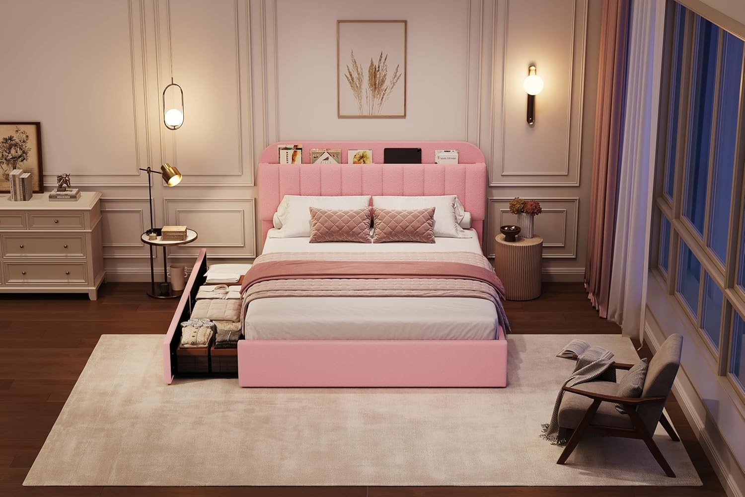 Pink Queen Size Bed Frame Upholstered Platform Bed with Headboard & 2 Drawers