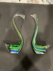 Set Of Two Green Blue And Clear Murano Style Swan Figurines Glass