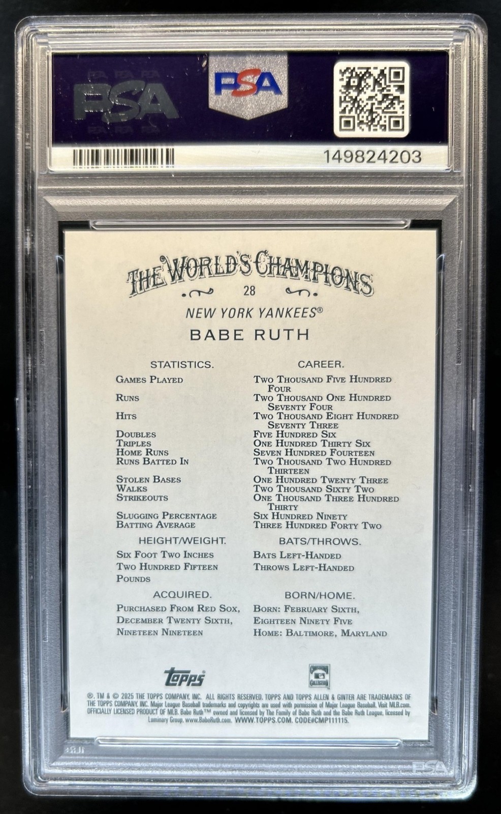 2025 Topps Allen & Ginter Babe Ruth Silver Portrait #28 New York Yankees PSA 9 view 2