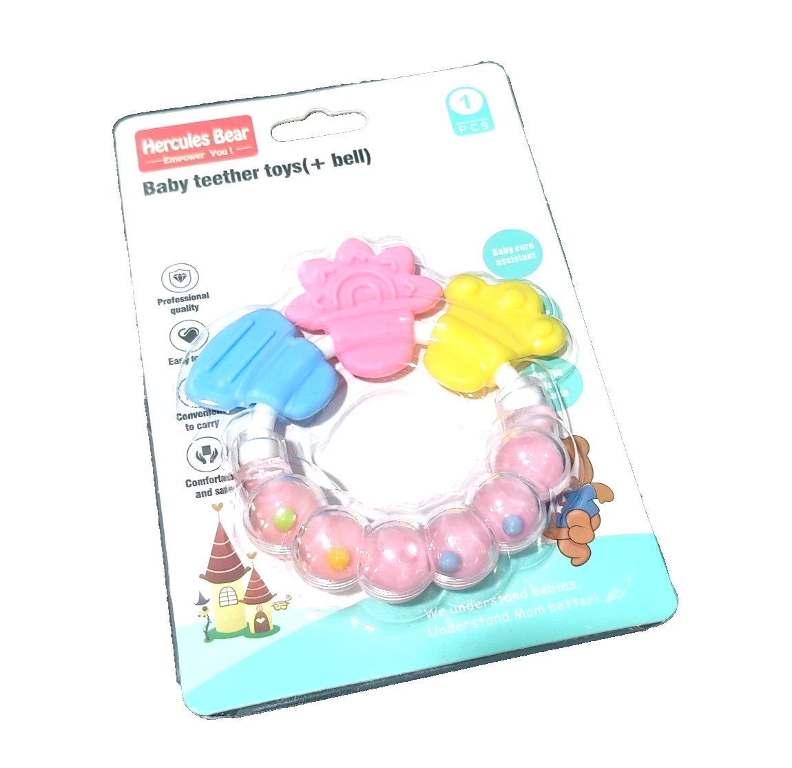 Baby Teether Toy with Bell Soft Silicone Teething Rattle BPA Free Infant Toy