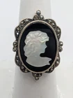 Vintage Sterling Silver 925 Onyx Mother of Pearl Marcasite Cameo Ring Size 7.25