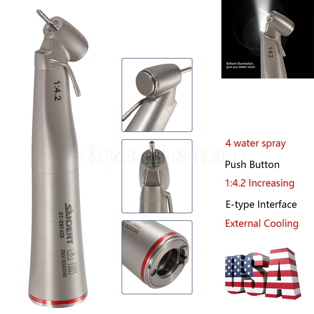 US Dental 45° Angle Electric Handpiece Surgical 1:4.2 Fiber Optic