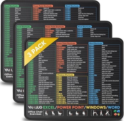 3-Pack Mouse Pad Stitched Edge Non-Slip Excel Shortcut Desk Pad 10.2x8.3''
