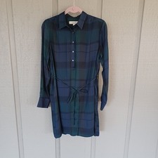 Loft Plaid Dress Size S Women Preppy Tie Waist Long Sleeves Buttons Collared