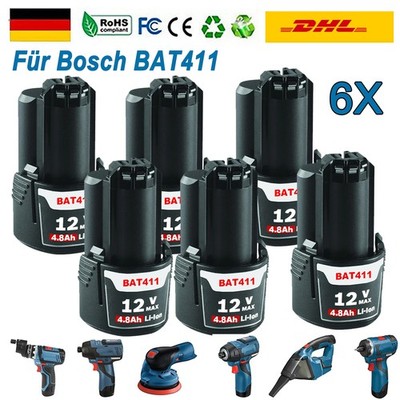 6X BAT411 Akku Für Bosch GBA 12V 4.8Ah Li-ion GSR GDR GSA BAT412 GWI 2607336014