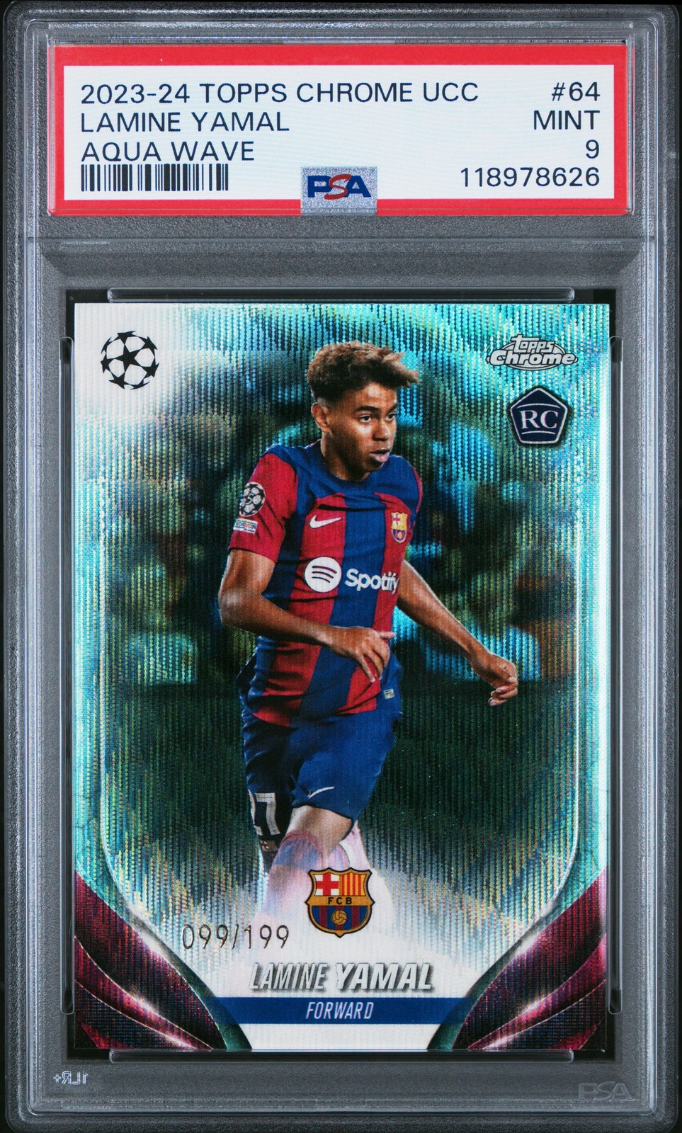 2023-24 TOPPS CHROME UEFA CLUB COMPETITIONS AQUA WAVE LAMINE YAMAL 99/199 PSA 9