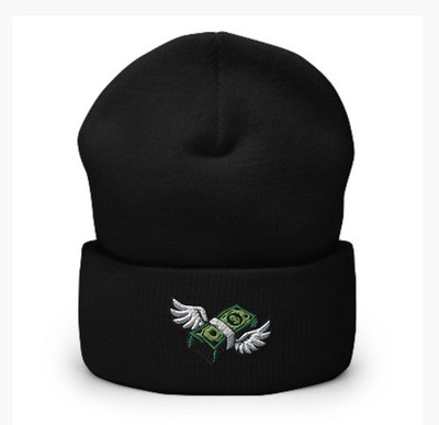 Flying Money Beanie Embroidered Cash Wings Streetwear Cuffed Knit Hat