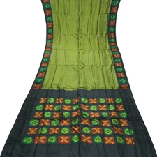 Namaste Vintage Green Sarees 100% Pure Silk Printed Ikat Sari 5YD Craft Fabric