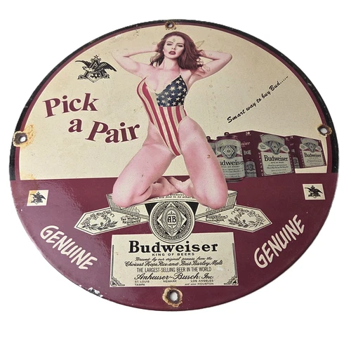 Vintage Budweiser Sign - Adult Beverage Gas Service Station Porcelain Sign