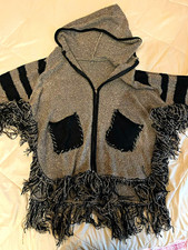 Womens One Size Gray and Black Hooded Fringe ...
