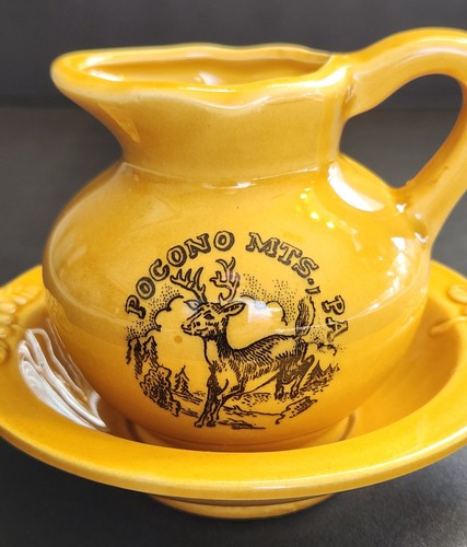 VTG Pocono Mountains Souvenir Creamer Saucer Ochre Yellow 1960's