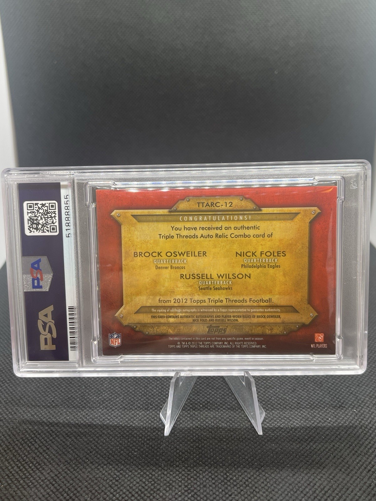 2012 Wilson Foles Osweiler Topps Triple Threads Auto Patch Combo #12 PSA 8 /27 view 2
