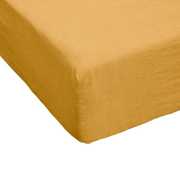 Drap housse 180x200 cm lin français miel anti-glisse adapté aux matelas épais et dos sensible