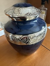 Cremation Urn Silver And Blue Funeral Never Used 9  X 6 Inches