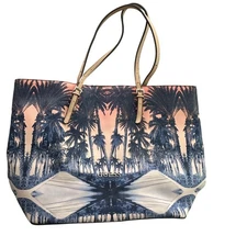 Guess Palm Print Tote Bag Dual Handles Zipper Closure Peach Blue Design
