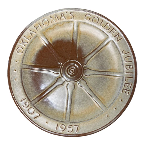 Vntg Frankoma Oklahoma Golden Jubilee 9” Wagon Wheel Wall Plate Desert Gold 94F6