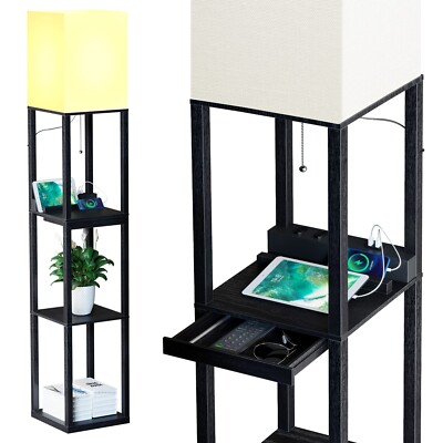 SUNMORY Floor Lamp with Shelves,Modern Dimmable Solid Wood Standing Lamp with...